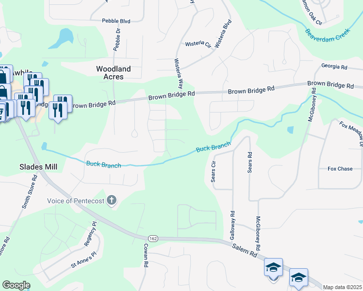 map of restaurants, bars, coffee shops, grocery stores, and more near 120 Bonito Lane in Covington