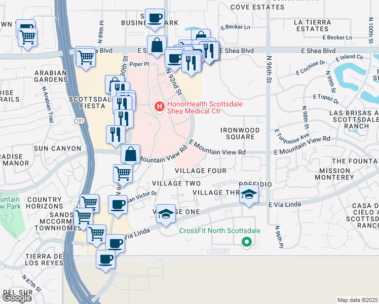 map of restaurants, bars, coffee shops, grocery stores, and more near 9201 East Mountain View Road in Scottsdale
