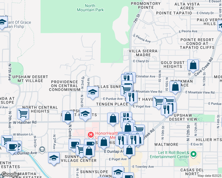 map of restaurants, bars, coffee shops, grocery stores, and more near 421 East Ironwood Drive in Phoenix