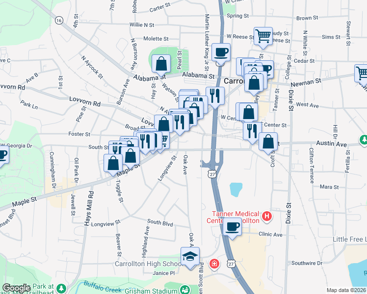 map of restaurants, bars, coffee shops, grocery stores, and more near 225 South Street in Carrollton