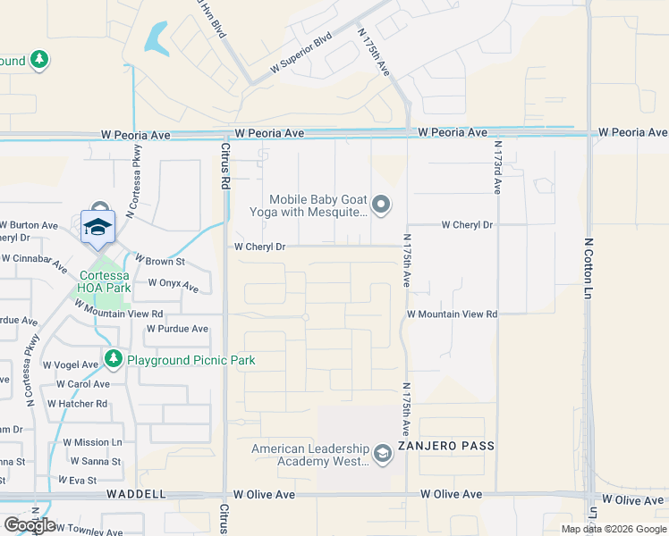 map of restaurants, bars, coffee shops, grocery stores, and more near 17622 West Brown Street in Waddell