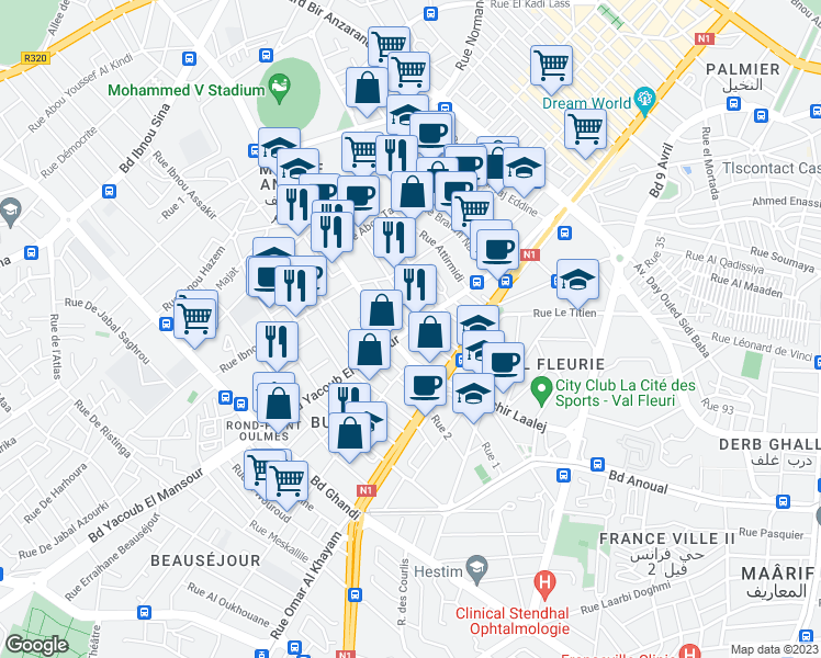map of restaurants, bars, coffee shops, grocery stores, and more near Boulevard Yacoub El Mansour in Casablanca