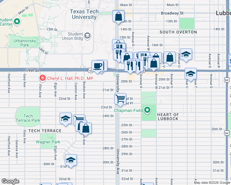 map of restaurants, bars, coffee shops, grocery stores, and more near 2505 21st Street in Lubbock