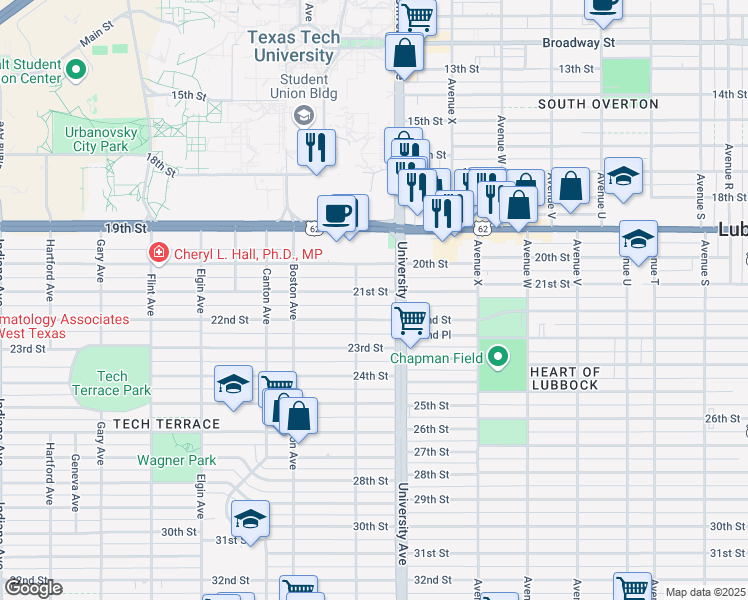 map of restaurants, bars, coffee shops, grocery stores, and more near 2505 21st Street in Lubbock