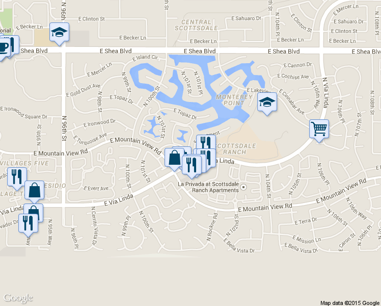 map of restaurants, bars, coffee shops, grocery stores, and more near 10050 East Mountain View Lake Drive in Scottsdale