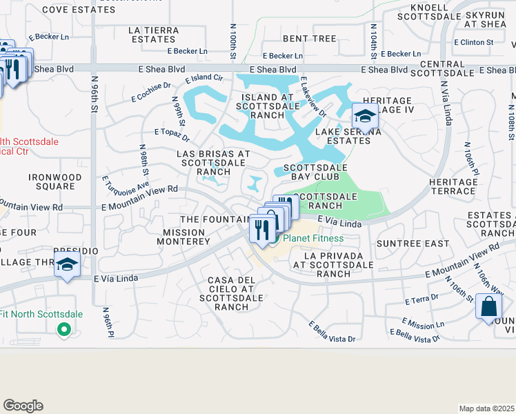 map of restaurants, bars, coffee shops, grocery stores, and more near 10050 East Mountain View Lake Drive in Scottsdale