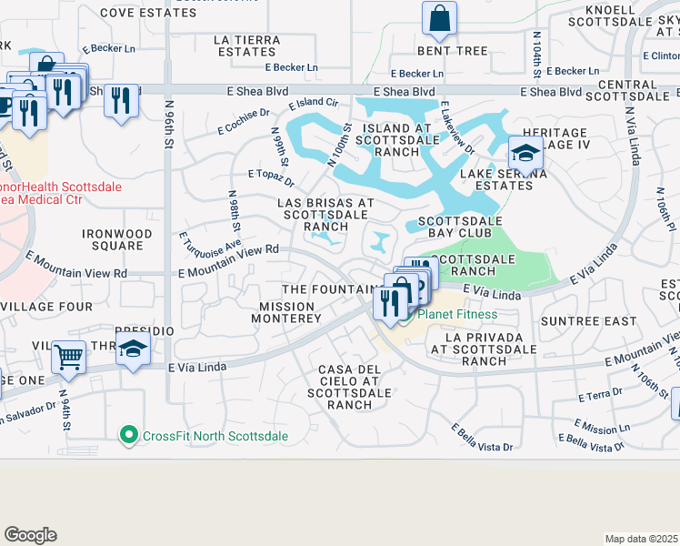 map of restaurants, bars, coffee shops, grocery stores, and more near 9865 North 101st Street in Scottsdale