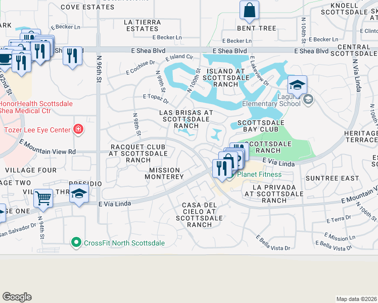 map of restaurants, bars, coffee shops, grocery stores, and more near 9813 North 100th Place in Scottsdale