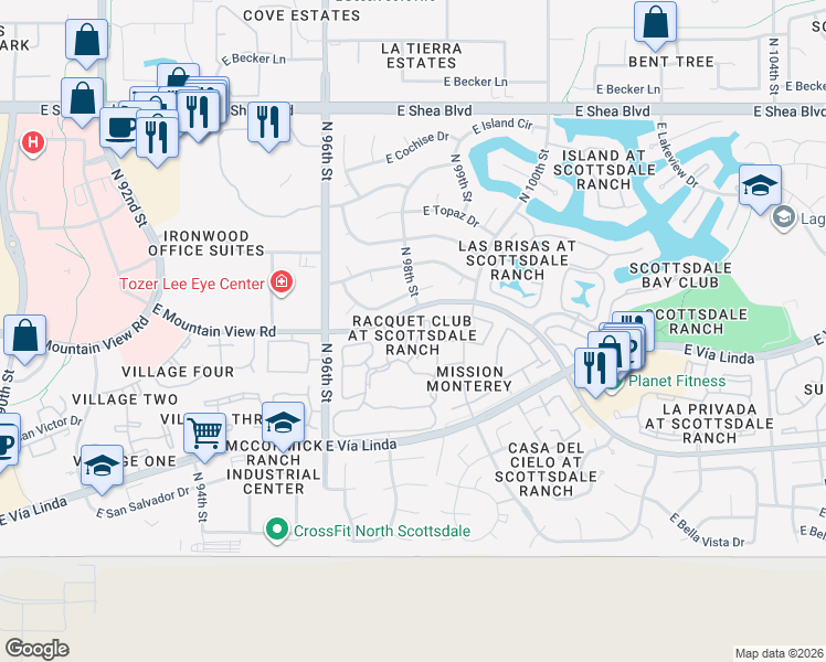 map of restaurants, bars, coffee shops, grocery stores, and more near 9707 East Mountain View Road in Scottsdale