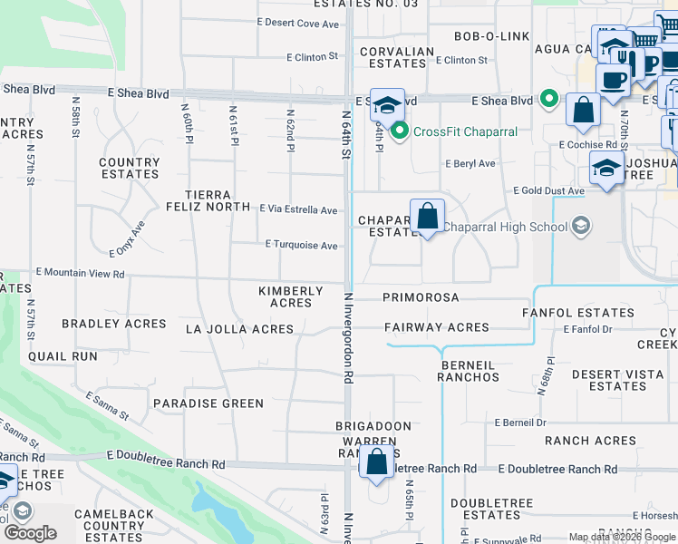 map of restaurants, bars, coffee shops, grocery stores, and more near 6345 East Turquoise Avenue in Paradise Valley