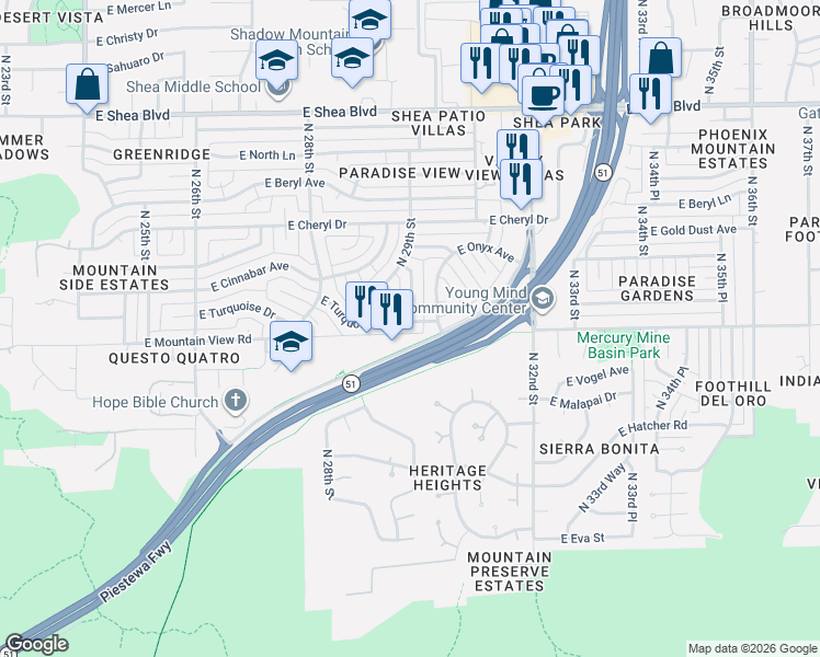 map of restaurants, bars, coffee shops, grocery stores, and more near 9827 North 29th Street in Phoenix