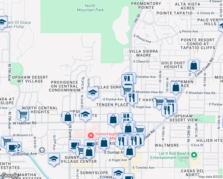 map of restaurants, bars, coffee shops, grocery stores, and more near 421 East Ironwood Drive in Phoenix