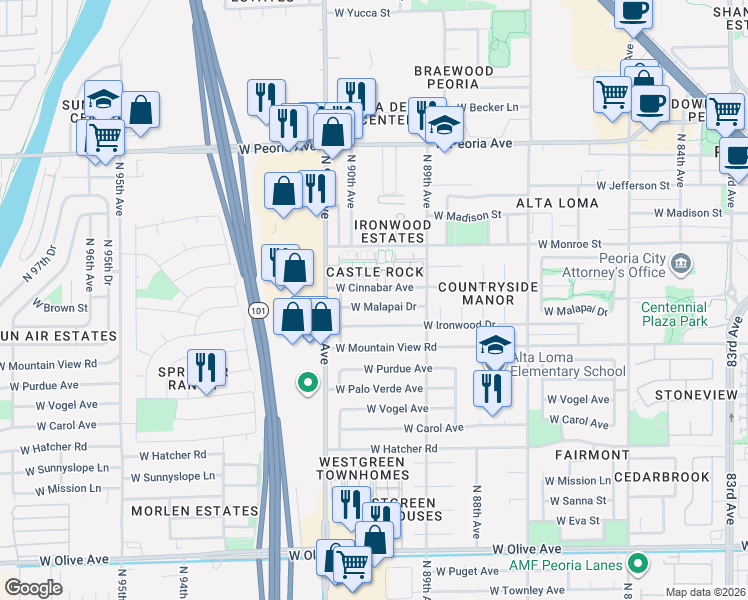 map of restaurants, bars, coffee shops, grocery stores, and more near 10101 North 91st Avenue in Peoria