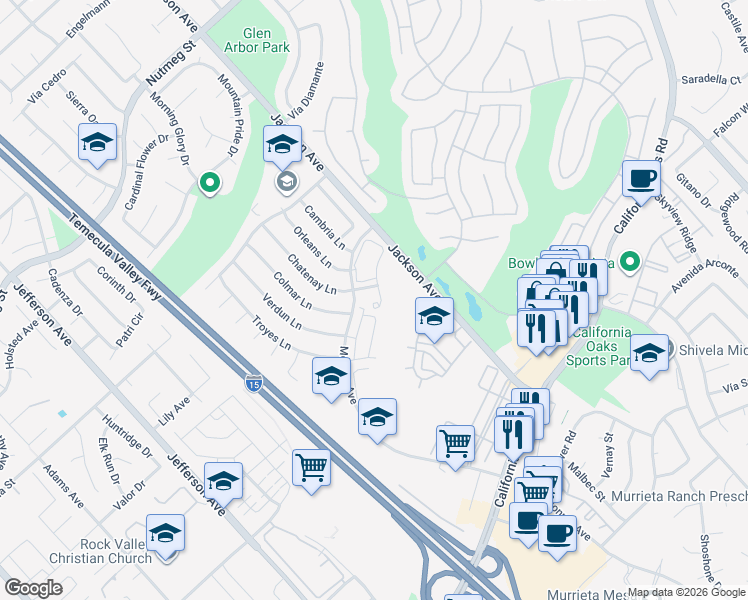 map of restaurants, bars, coffee shops, grocery stores, and more near 24100 Monroe Avenue in Murrieta