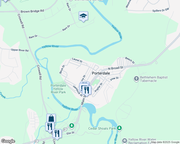 map of restaurants, bars, coffee shops, grocery stores, and more near 34 Hazel Street in Porterdale