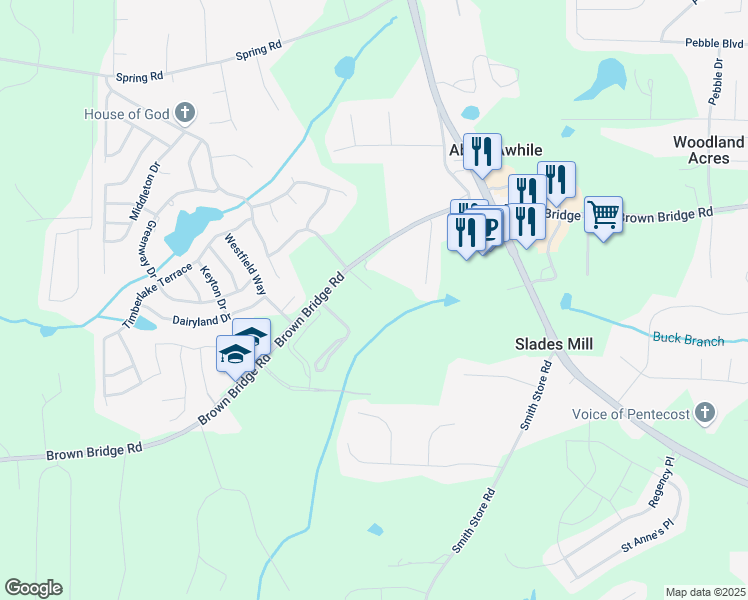 map of restaurants, bars, coffee shops, grocery stores, and more near 13191 Brown Bridge Road in Covington