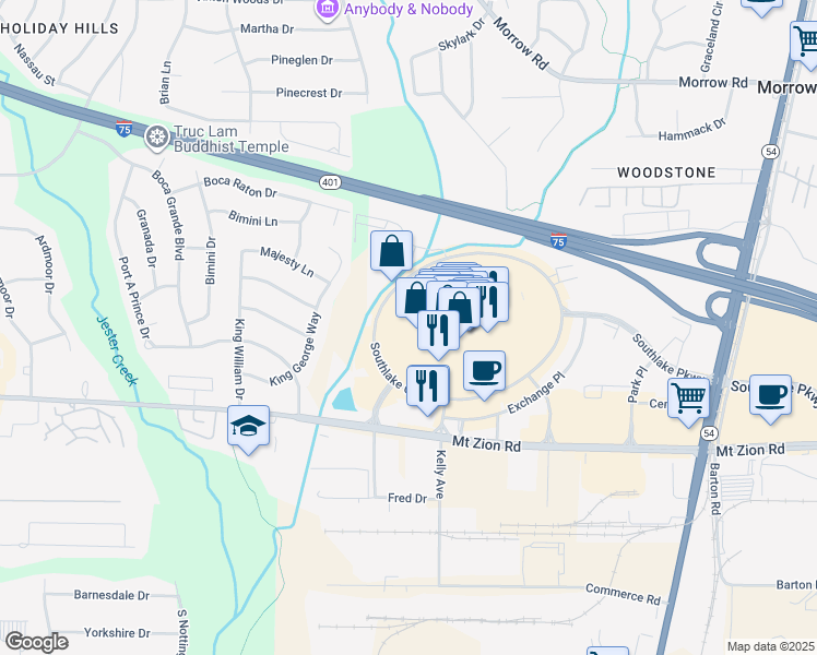 map of restaurants, bars, coffee shops, grocery stores, and more near 2431 Southlake Circle in Morrow