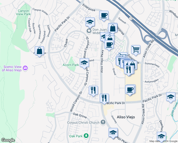 map of restaurants, bars, coffee shops, grocery stores, and more near 27 Plateau in Aliso Viejo
