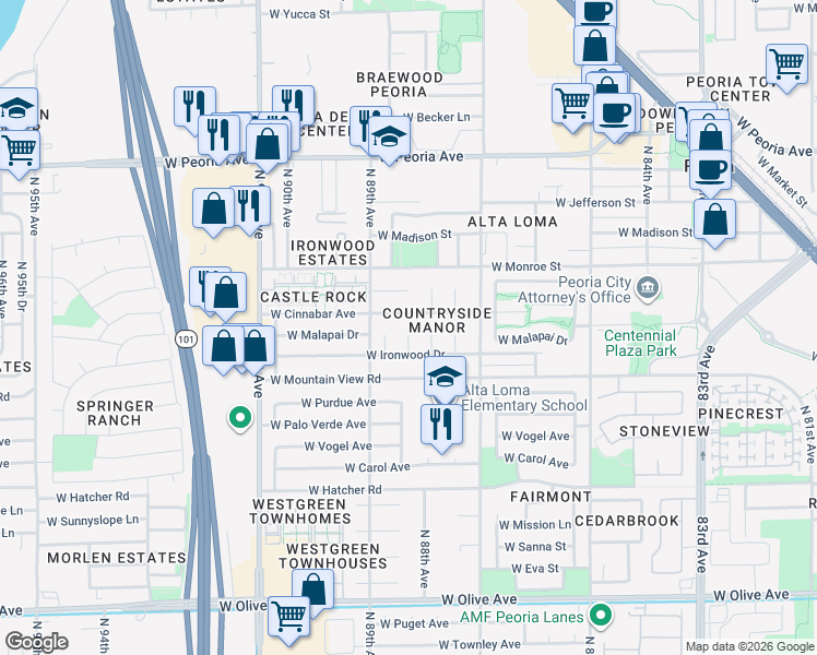 map of restaurants, bars, coffee shops, grocery stores, and more near 8820 West Cinnabar Avenue in Peoria