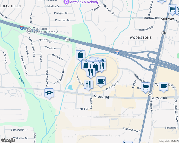 map of restaurants, bars, coffee shops, grocery stores, and more near 2431 Southlake Circle in Morrow