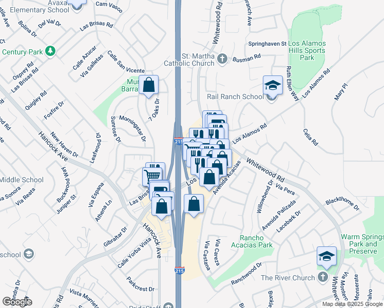 map of restaurants, bars, coffee shops, grocery stores, and more near 39573 Los Alamos Road in Murrieta