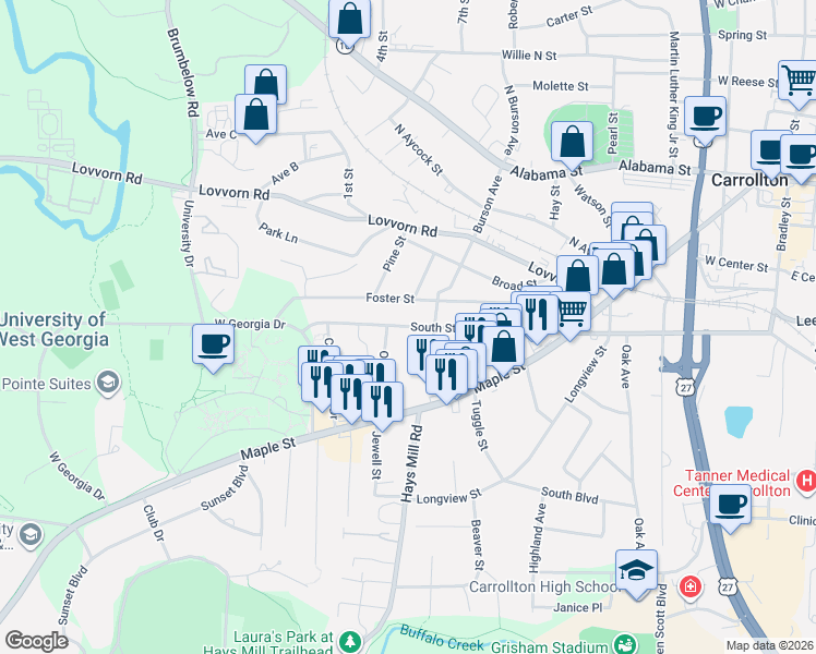 map of restaurants, bars, coffee shops, grocery stores, and more near 216 Foster Street in Carrollton