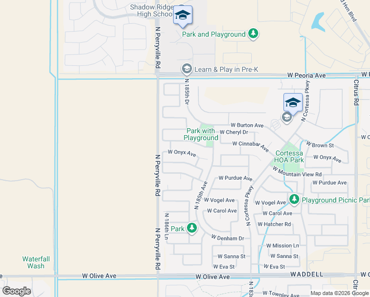 map of restaurants, bars, coffee shops, grocery stores, and more near 18612 West Cinnabar Avenue in Waddell