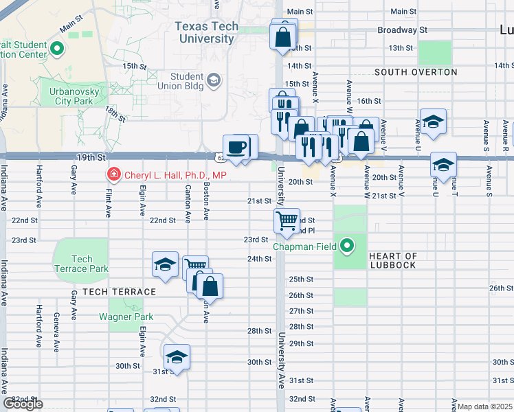map of restaurants, bars, coffee shops, grocery stores, and more near 2517 21st Street in Lubbock