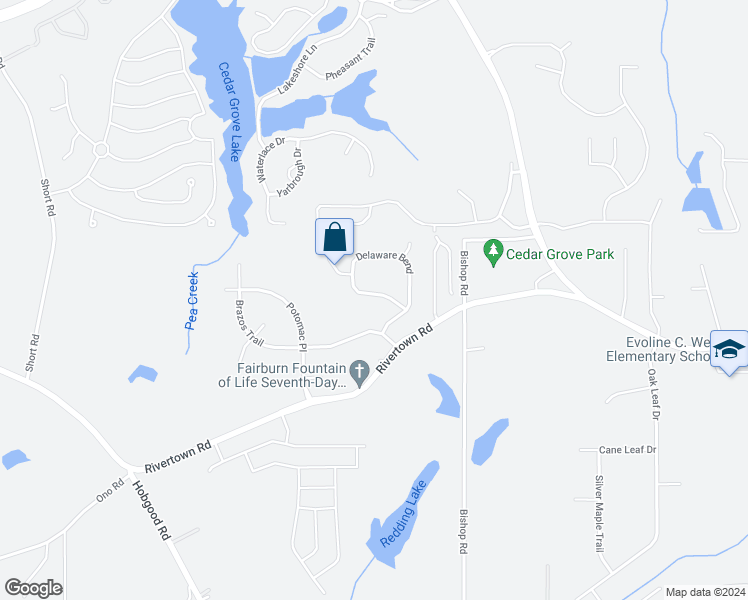 map of restaurants, bars, coffee shops, grocery stores, and more near 6632 Delaware Bend in Fairburn