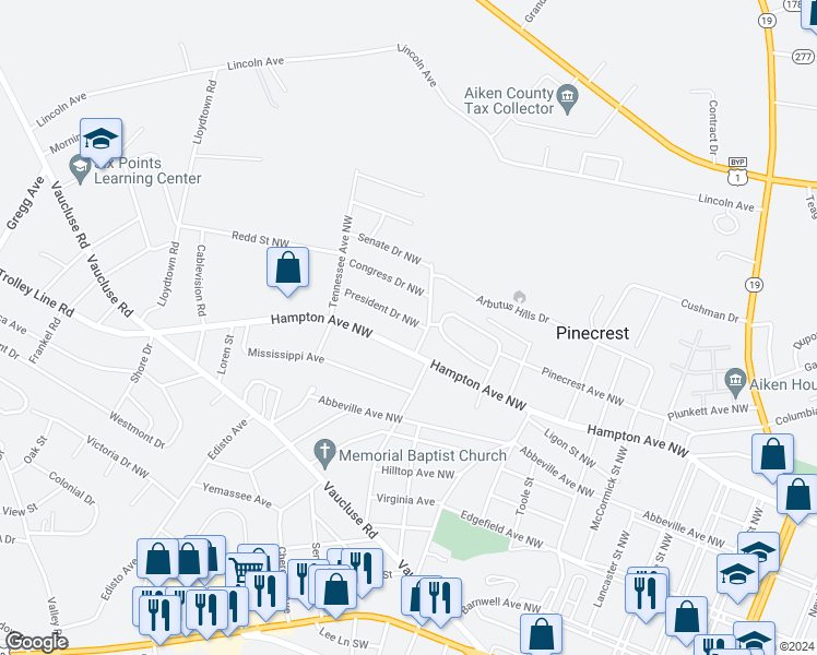 map of restaurants, bars, coffee shops, grocery stores, and more near 1313 President Drive Northwest in Aiken