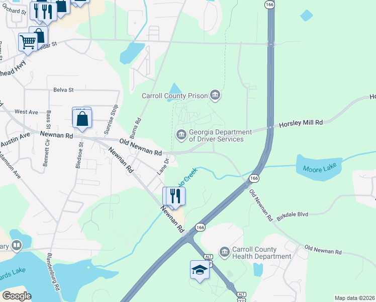 map of restaurants, bars, coffee shops, grocery stores, and more near 34 Horsley Mill Road in Carrollton