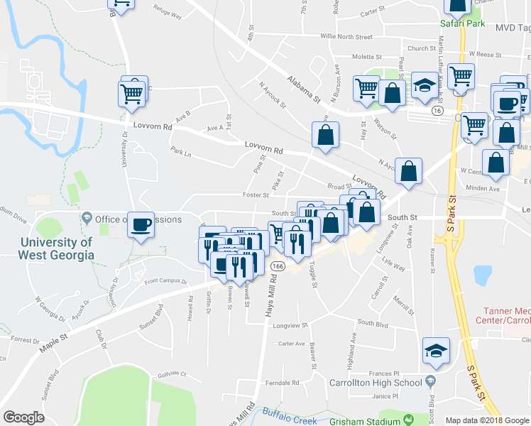 map of restaurants, bars, coffee shops, grocery stores, and more near 643 South Street in Carrollton