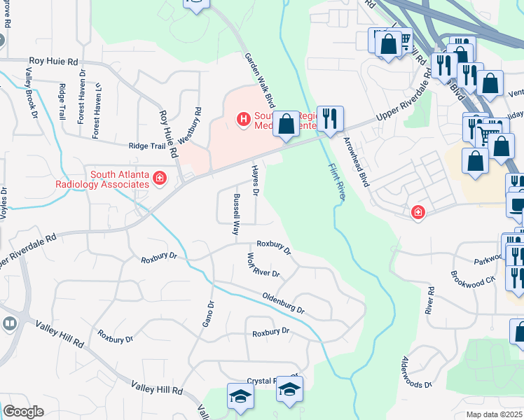 map of restaurants, bars, coffee shops, grocery stores, and more near 6560 Hayes Drive in Riverdale