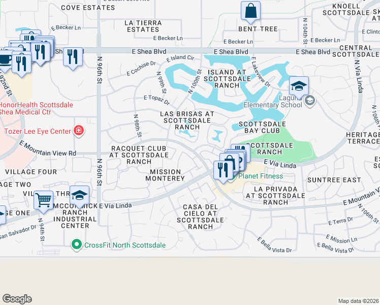 map of restaurants, bars, coffee shops, grocery stores, and more near 9813 North 100th Place in Scottsdale