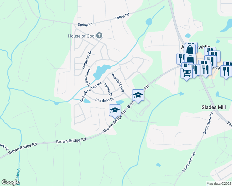 map of restaurants, bars, coffee shops, grocery stores, and more near 50 Greenway Drive in Covington