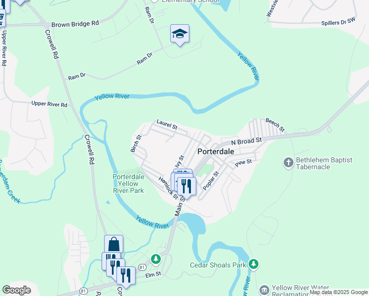 map of restaurants, bars, coffee shops, grocery stores, and more near 27 Ivy Street in Porterdale