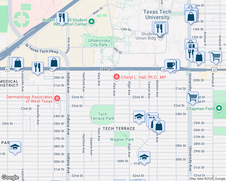 map of restaurants, bars, coffee shops, grocery stores, and more near 3101 21st Street in Lubbock
