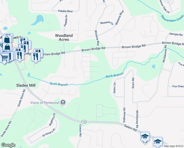 map of restaurants, bars, coffee shops, grocery stores, and more near 185 Amberjack Trail in Covington
