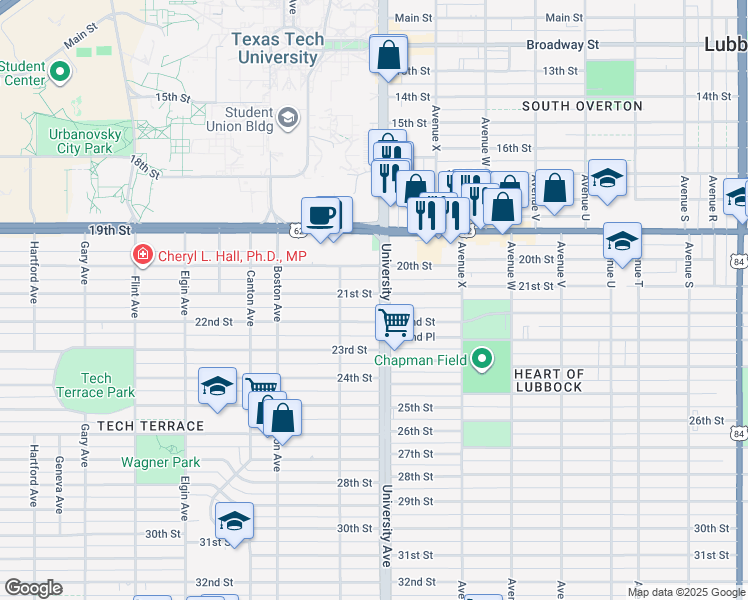 map of restaurants, bars, coffee shops, grocery stores, and more near 2505 21st Street in Lubbock