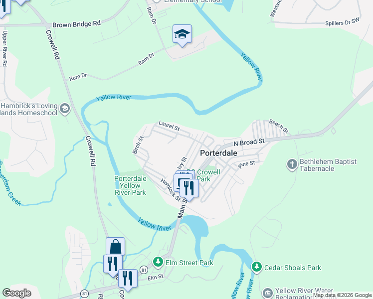 map of restaurants, bars, coffee shops, grocery stores, and more near 35 Ivy Street in Porterdale