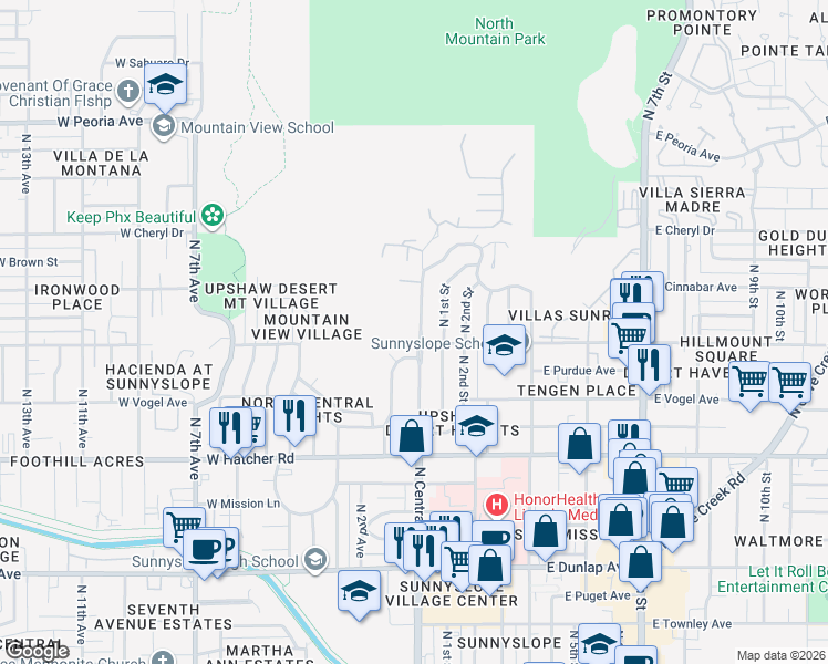 map of restaurants, bars, coffee shops, grocery stores, and more near 9820 North Central Avenue in Phoenix