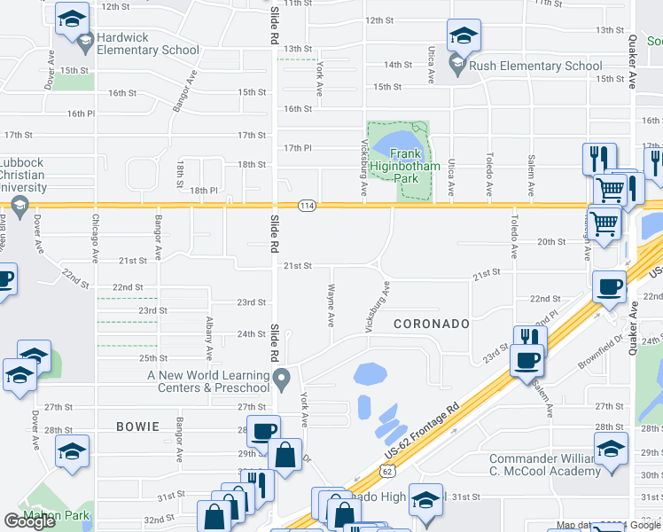 map of restaurants, bars, coffee shops, grocery stores, and more near 5000 21st Street in Lubbock