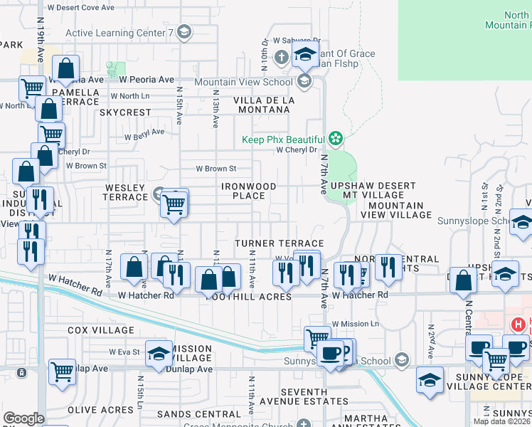 map of restaurants, bars, coffee shops, grocery stores, and more near 9826 North 10th Avenue in Phoenix