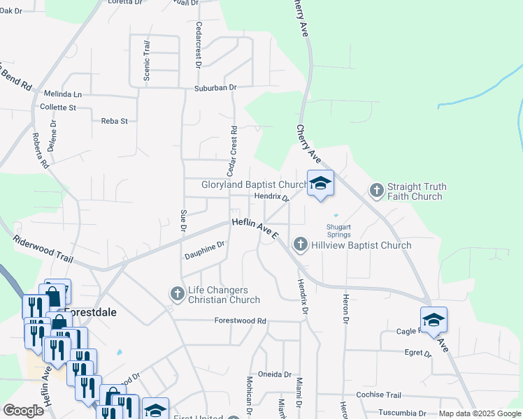 map of restaurants, bars, coffee shops, grocery stores, and more near 1716 Horn Drive in Birmingham