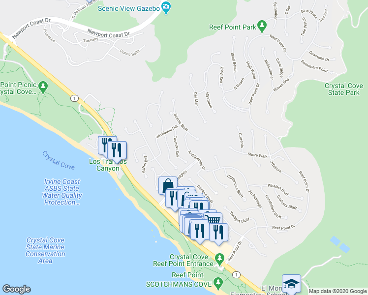 map of restaurants, bars, coffee shops, grocery stores, and more near 14 Archipelago Drive in Newport Beach