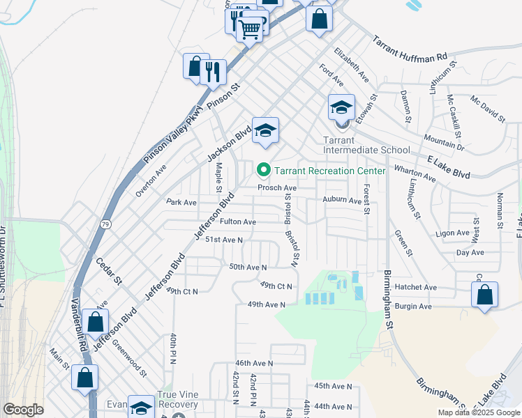 map of restaurants, bars, coffee shops, grocery stores, and more near 1345 Park Avenue in Birmingham