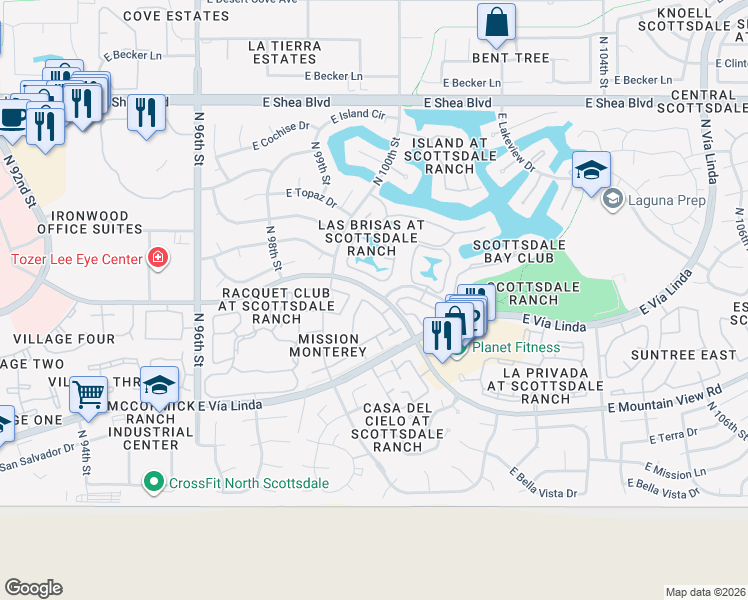 map of restaurants, bars, coffee shops, grocery stores, and more near 10015 East Mountain View Road in Scottsdale
