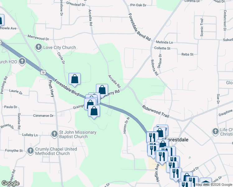 map of restaurants, bars, coffee shops, grocery stores, and more near 130 Mulberry Road in Birmingham