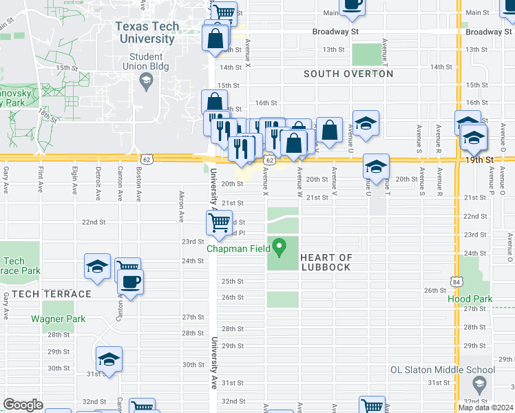 map of restaurants, bars, coffee shops, grocery stores, and more near 2408 21st Street in Lubbock