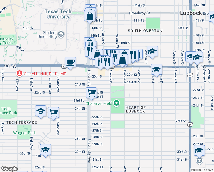 map of restaurants, bars, coffee shops, grocery stores, and more near 2408 21st Street in Lubbock